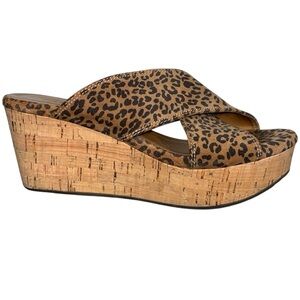 Chocolat Blu Wendy Leopard Print Suede Cork Wedge Slide Sandals Size 6 5